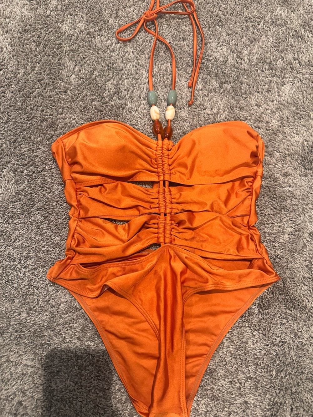 Orange One-Piece Swim Suit with Beaded Halter